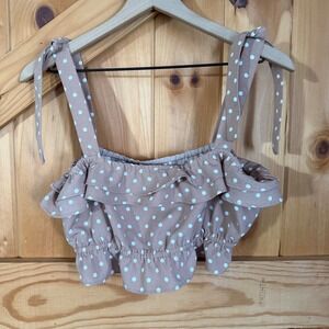 H&M Divided Crop Top Tan Polka Dot Ruffle Tie Shoulder Retro Boho Festival Small